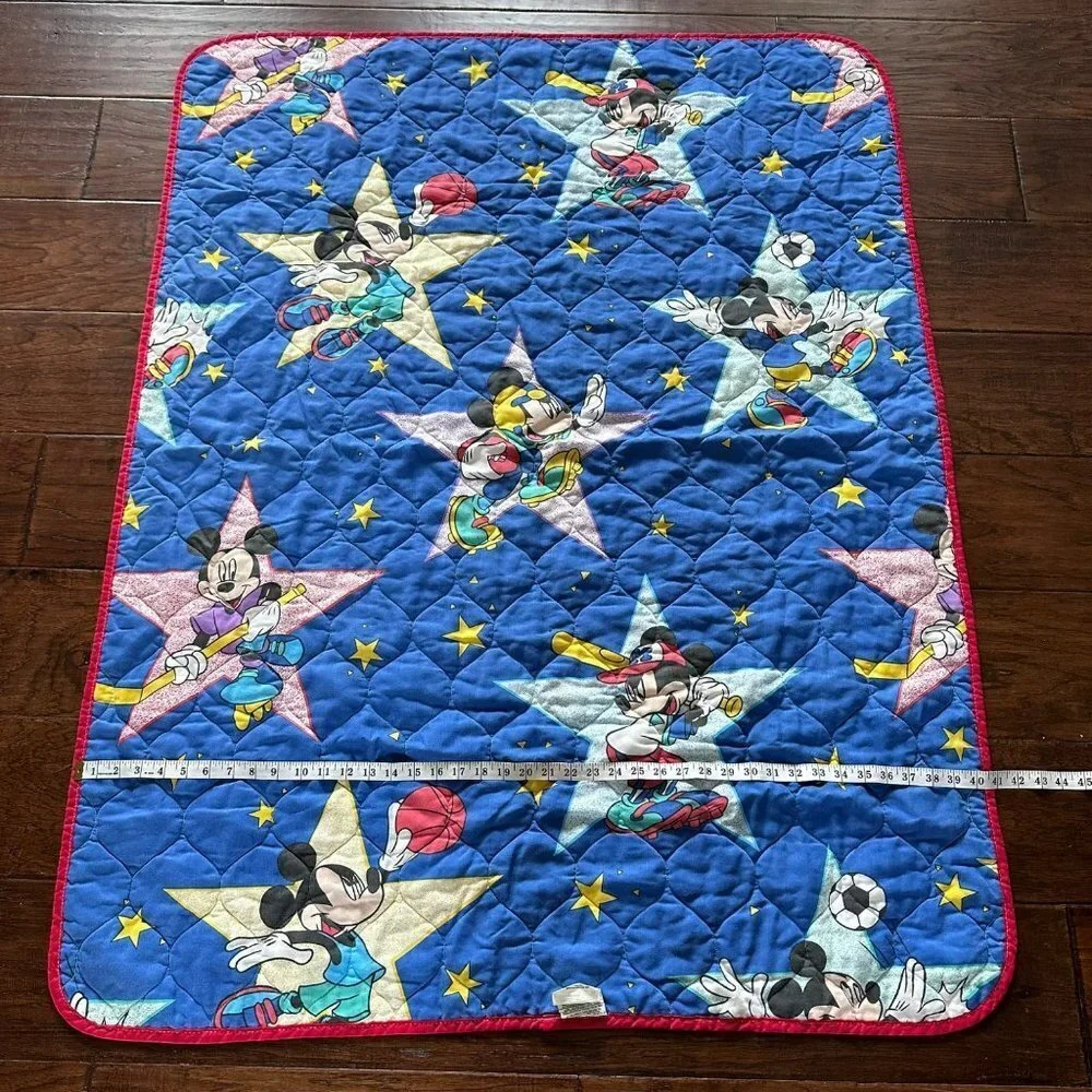 Vintage 80's Disney Quilt Sports Mickey Print 40x54 football basketball soccer b